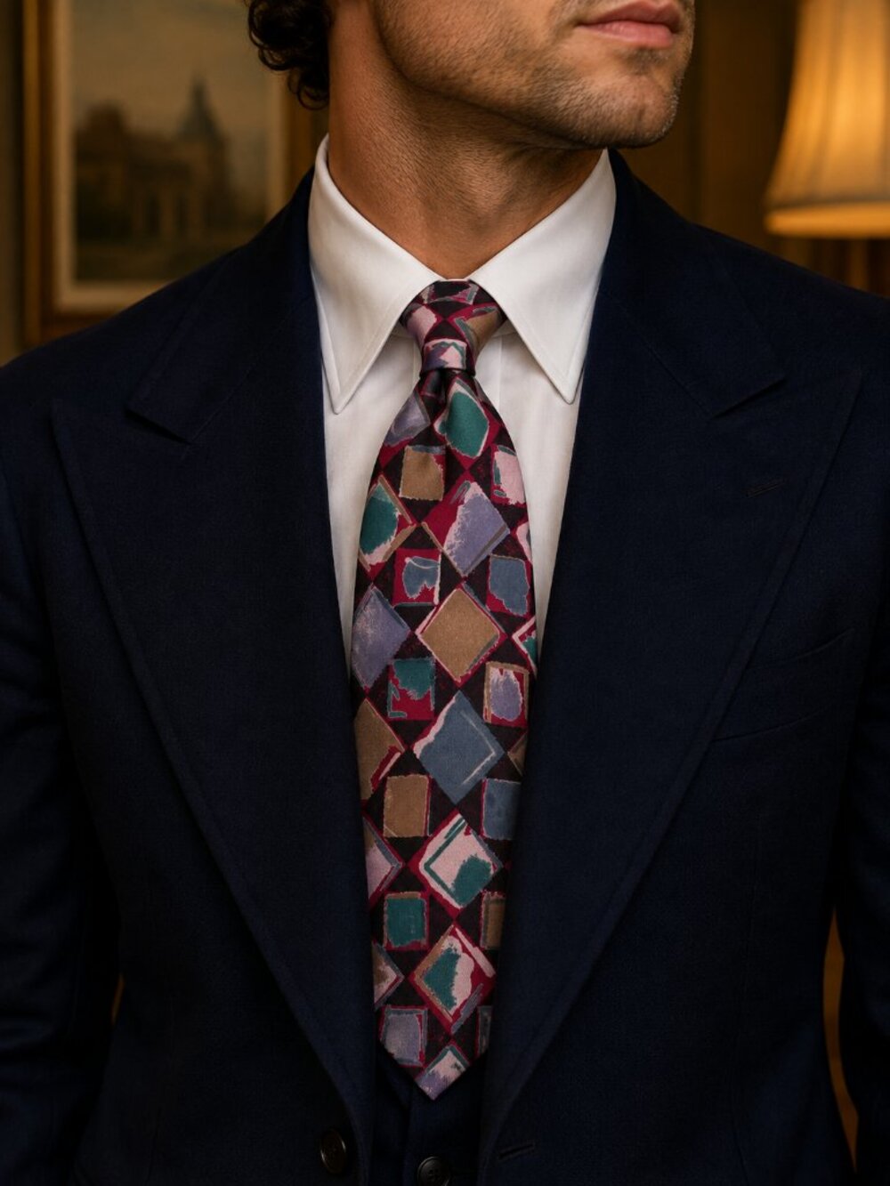 Vintage Vanzon 100% Silk Tie NOS Geometric Abstract Burgundy Teal 4” Wide